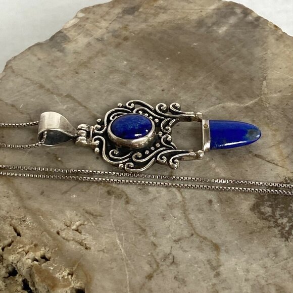 Sterling Silver 925 Lapis Lazuli Scrollwork 2 Stone Pendant Necklace 18" Chain - Picture 7 of 16